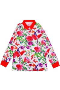 Design Contrasting Collar Dye Sublimation Polo Shirt Custom Full Fit Dye Sublimation Finish Long Sleeve Polo Shirt Center 100% Polyester Floral Pattern P1464 45 degree
